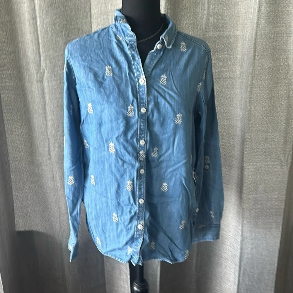 Foxcroft Blue Embroidered Pineapple Button-Down Shirt